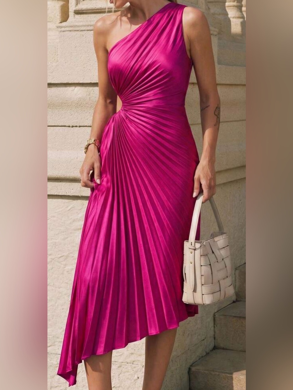 MOTF One Shoulder Pleated Midi Dress in Pink Size Medium Like New